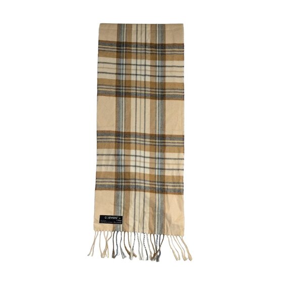 V. Fraas Cashmink Plaid Scarf Made In Germany Beige Cream & Blue 52x11 - Picture 1 of 5